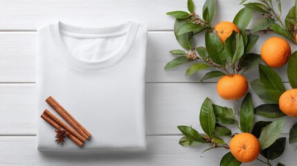 Folded blank apparel item lies next to citrus fruit branches and spice sticks on a light wooden surface