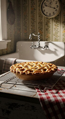 A freshly baked golden lattice-top pie cooling on a wire rack in a rustic kitchen with a sink, floral wallpaper, and a wall clock.