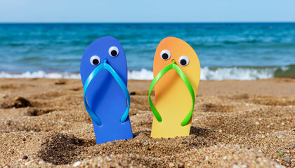 Obraz premium Funny flip flops with googly eyes relaxing on beach sand