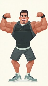 Cartoon illustration of a muscular man flexing his arms in a confident pose against a plain background.