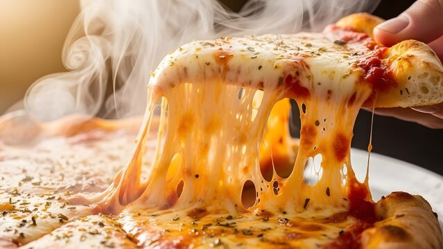 Close Up of Hot Melten Bubbly Cheese Stretch from Pizza