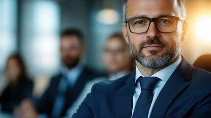 Professional businessman portrait at a business meeting or conference, confident executive in formal suit, corporate leadership concept for finance, management, consulting, and teamwork