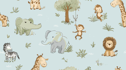 Fototapeta premium Safari animals pattern with giraffes, elephants, and lions on a light blue background. Cute cartoon jungle animals seamless pattern