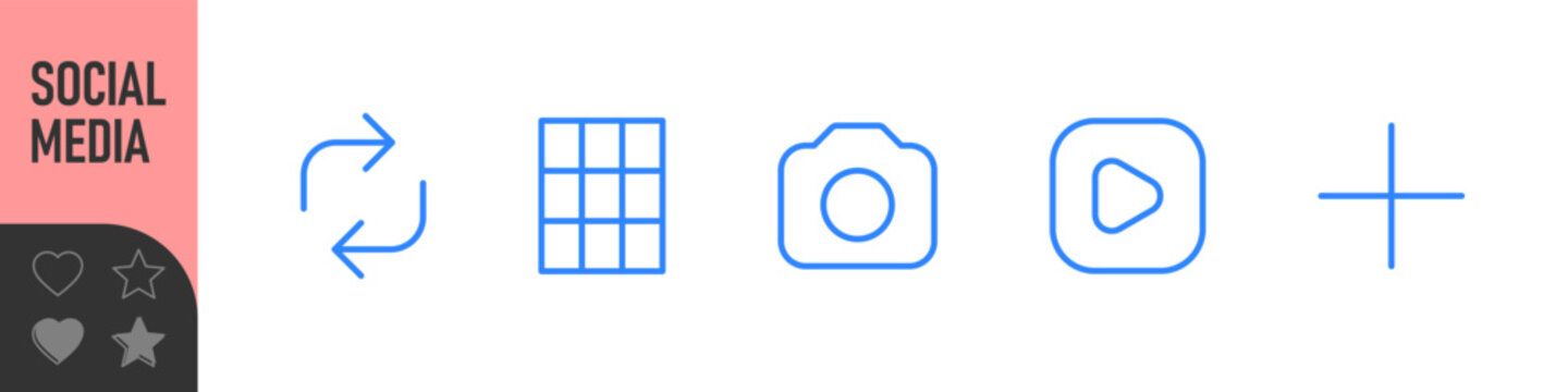 Color line icon set featuring social media symbols including home, search, user, heart, settings, and add symbols. social media notification icons ; like, comment, repost, share, save, UI icons
