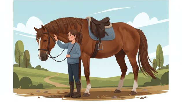 Girl petting horse after trail ride digital illustration with gentle contact and simple background