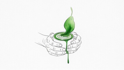Obraz premium Hand drawn illustration showing hands holding cup of matcha tea, with green liquid and leaf. Matcha tea flowing from leaf into cup, symbolizing natural and healthy beverage.