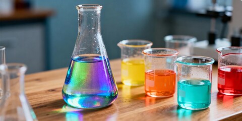 Erlenmeyer flask and beakers filled with colorful liquids