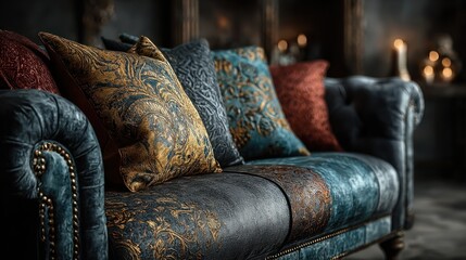 Luxurious tufted couch with patterned cushions