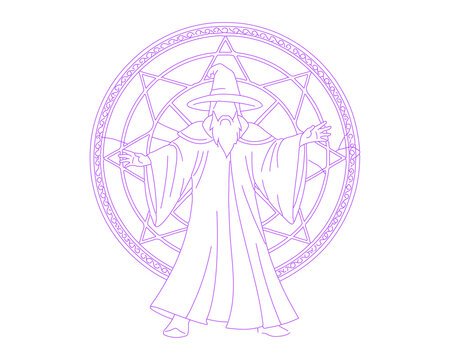 Wizard Casting Spell with Magic Circle Lineart Illustration