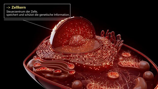Conceptual 3D Animation of a Eukaryotic Cell with Labeled Organelles in German
