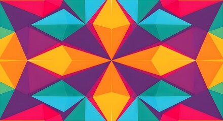 Bold Geometric Seamless Pattern with Rainbow Polygons in Pink Teal Orange Purple - Symmetrical Vector Art Background with Clean Lines and High Resolution for Fabric Design, Digital Wallpaper, and Mode