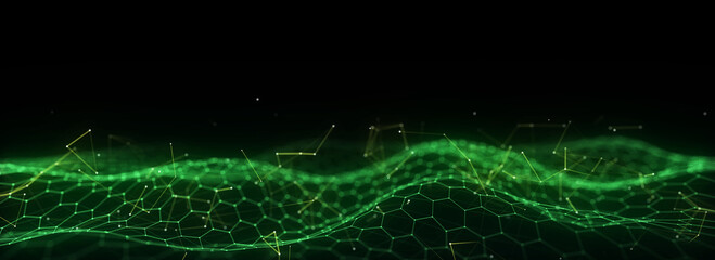 Naklejka premium Colors hexagon wave with motion dots and lines. Abstract digital background. Concept connection big data. Futuristic technology backdrop. 3D rendering.