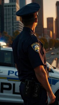 Low-angle shot of a police officer in uniform standing by a patrol car in an urban setting at sunset, creating a cinematic video feel.
