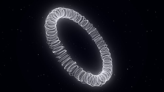 Abstract torus with blue dots and lines. 3D futuristic geometric wireframe shape. Technology network connection big data. Science background. Twist objects in dark cyberspace. 3D rendering.