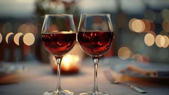 Valentine's Day: A romantic dinner setup with two glasses of red wine on a table with a candle and blurred background lights in a video showcasing a peaceful evening atmosphere.