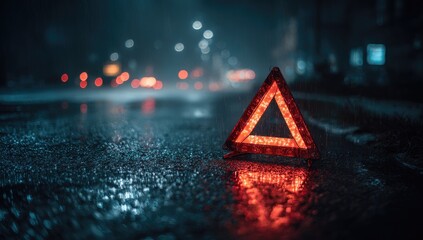 Glowing red triangle warning on wet, dark road at night