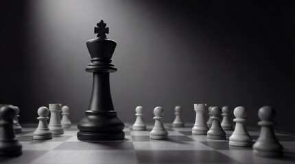 A single dominant black chess king stands in sharp focus against many smaller pieces, using a refined chess metaphor to represent monopoly power and unequal competition.