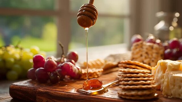Golden Honey Delight: A gourmet spread with luscious grapes, crackers, and various cheese, beautifully arranged, with golden honey dripping, a feast for the senses.