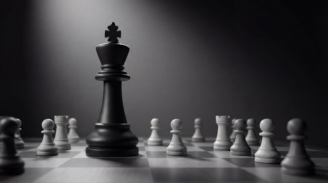 A single dominant black chess king stands in sharp focus against many smaller pieces, using a refined chess metaphor to represent monopoly power and unequal competition.