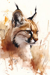A watercolor illustration of a caracal wild cat. Expressive portrait of a feline predator with distinctive black tufted ears. Wildlife nature painting