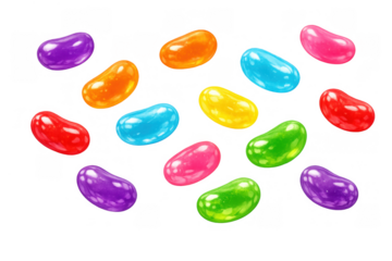 Colorful jelly beans scattering, vibrant candy assortment, sweet snack treats, fun confectionery on transparent background