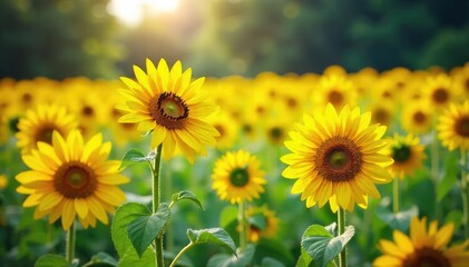 Obraz premium A vibrant field of sunflowers swaying gently in a sunny park, creating a picturesque landscape Perfect for summer, nature, and tranquility themes , botany, beauty, organic