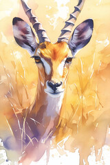 Watercolor illustration of an African antelope. Safari wildlife impala portrait with long horns looking at the camera. Animal painting with a warm yellow and orange color palette