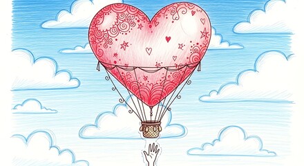 Obraz premium Hand reaches for heart shaped balloon floating in cloudy sky.