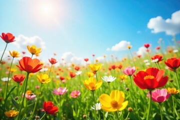 Obraz premium A vibrant, sun-drenched field of wildflowers swaying gently in the breeze, embodying carefree springtime energy Perfect for themes of freedom, joy, and renewal , vibrant colors, joy, landscape