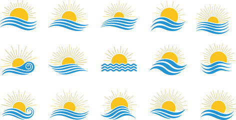 Obraz premium Sun and ocean waves icon collection, sunset and sunrise sea logos set, summer beach vacation symbols vector, maritime nautical weather graphic design elements.