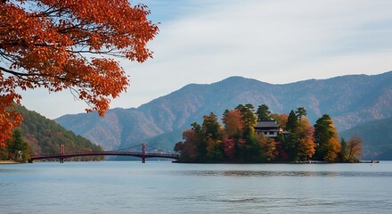 Obraz premium Autumn island with a traditional building and bridge across a lake.
