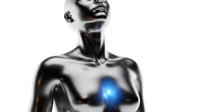 3d rendered illustration of a female figure as an abstract black metal statue with a robot face and human body sculpture isolated on a plain background