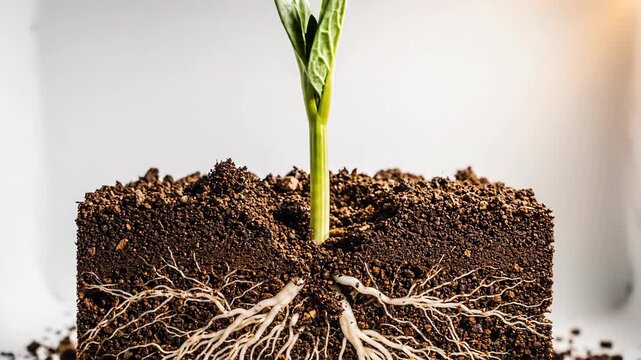 Sprout emerging from soil, revealing root system against a bright backdrop