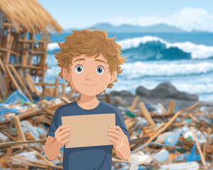 Young Advocate at the Coast: An illustrated portrayal of a concerned young individual holding a blank sign against a backdrop of coastal debris, beach pollution, and environmental problems.