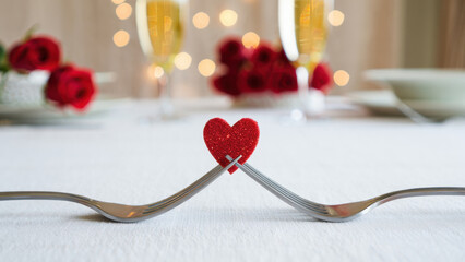 Main character dinner setup: two forks touching with tiny red heart on white table, warm bokeh lights and roses, romantic restaurant vibe, date night mood, clean copy space, classy minimal high-end
