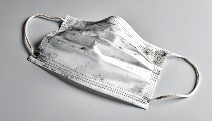 Filthy white surgical mask with dust and grime residue lying on grey surface