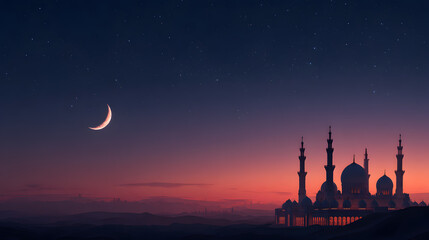 Obraz premium Ramadan crescent moon over mosque silhouette at starry sunset twilight
