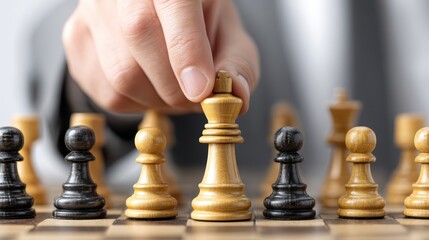 Person playing chess with pawns strategic board game competition between individual and multiple game pieces