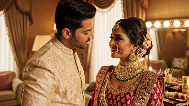 Romantic Indian wedding couple sharing an intimate moment indoors. Groom adjusting bride's necklace while wearing traditional sherwani and lehenga. Love and marriage concept