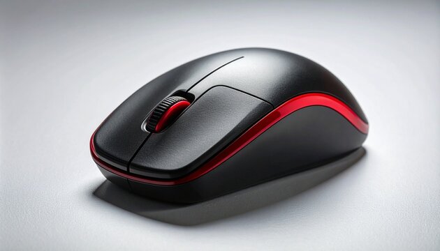 Black and red computer mouse on light surface