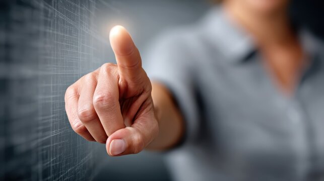 Person points at screen close up of a hand with a finger pointing directly at a digital screen display - Powered by Adobe