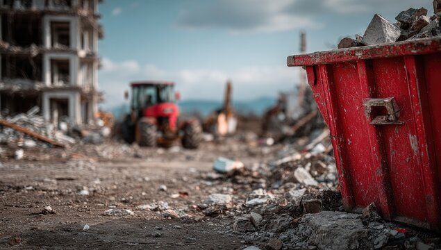 Demolition site with skip bin, bulldozer, and excavator under cloudy sky