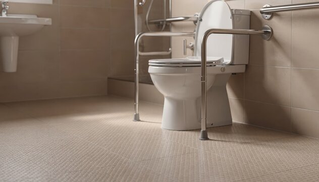 Medium shot featuring nonslip flooring and a raised toilet with grab bars the rest of the bathroom softly blurred to emphasize secure and safe design.