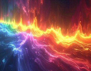 A vibrant, abstract digital landscape of layered, colorful energy. Peaks of fiery light radiate across a gradient of blues and violets