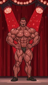 Muscular bodybuilder posing confidently on a stage with red curtains and spotlights.