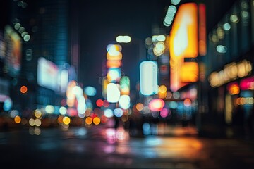 Blurry urban nightscape with glowing neon signs and wet street reflections