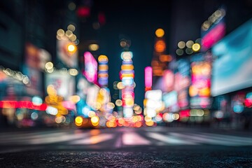 Blurry city street at night with bright neon lights and reflections