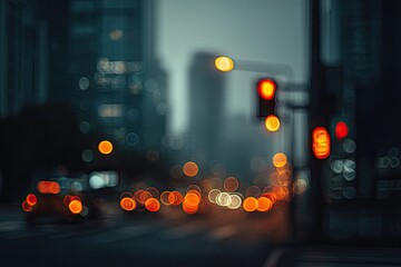 Blurry city street at dusk with glowing traffic lights and bokeh