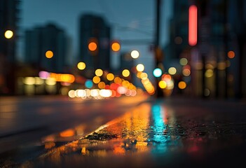 Wet city street at dusk, reflecting colorful lights, blurred buildings