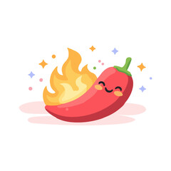 Spicy Chili Pepper Cartoon Illustration With Fire And Heat. Hot Red Pepper Mascot Vector Icon For Fiery Food Concept